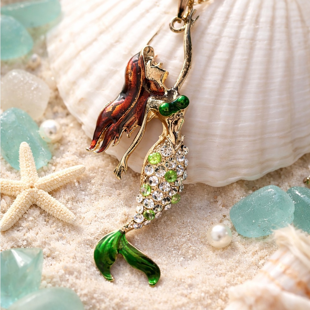 Mermaid Pendant Necklace Charm Rhinestone Green Crystal Red Hair Ocean Jewelry